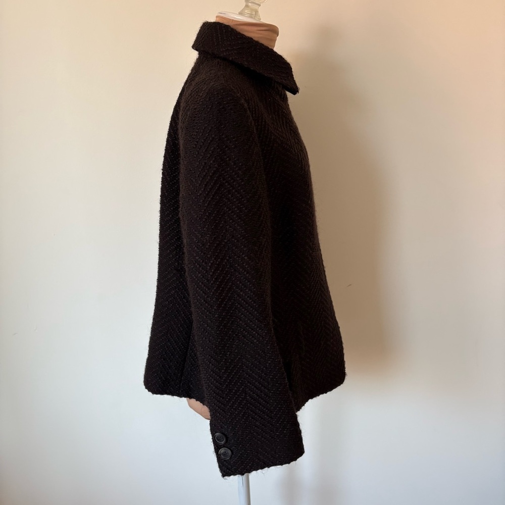 Akris Wool Blend Herringbone Woven Brown Hidden Button Placket Jacket Size US 12 - Picture 7 of 13